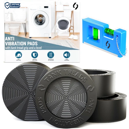 Eleon Anti Vibration Pads for Washing Machine - 4 XL Pads with Tank Tread Grip + Level - Washer Dryer Pedestals Fits All Machines - Noise Dampening, Protects Laundry Room Floor - Washing Machine Support
