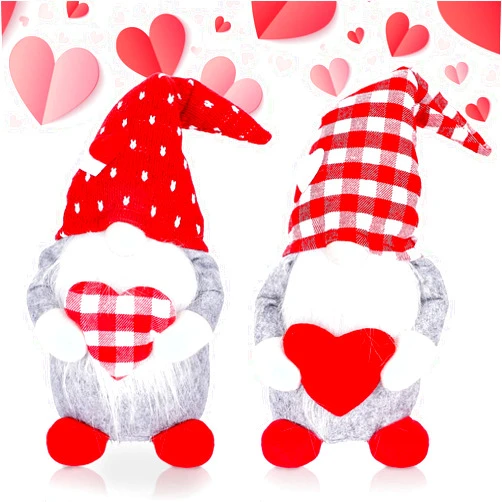Whaline Valentine's Day Decor 2Pcs Valentine Gnomes Plush Decoration Buffalo Plaid Pattern Grey Handmade Gnomes Tabletop Decor for Valentine's Day Tiered Tray Decoration Gifts