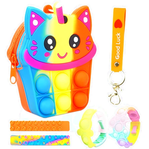 Lilxfxu Pop it Purse Bags Fidget Toy, Cute cat Fidget Push Rainbow Bag Bracelet Keychain Poop Poppers Pops ，2pcs Squidopop Fidget Toys 2PCS Push Pop Fidget Toy Fidget Bracelet, Gifts for Kids