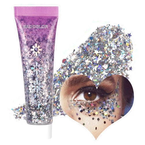 BADCOLOR Silver Face Body Glitter Gel, Holographic Shimmer Chunky Glitters Makeup for Hair Nails Eye Lips, Music Festival Concert Rave Accessories Party, Long Lasting Sparkling Mermaid Sequins Gel Kit