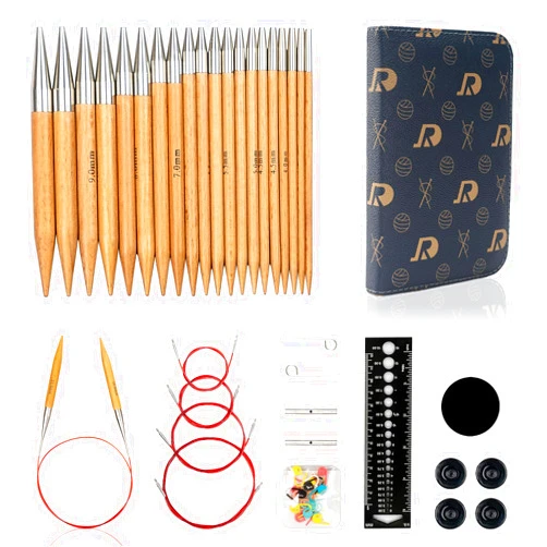 Ruidi Premium Beechwood & Steel Interchangeable Knitting Needles Set - 10 Sizes (3.5-10.0mm) with 4 Cables & Navy Blue Leather Case | Double-Lock Ergonomic Design