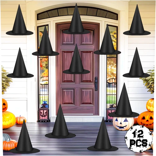 Helimoto 12 PCS Halloween Witch Hats, Black Hanging Witch Hat, Witch Costume Accessories Witches Hats with 328 FT Nylon Cord Wizard Hats Indoor Outdoor Halloween Decorations for Home Yard Porch Ceiling