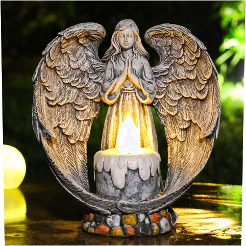 Yiosax Angel Garden Statues Outdoor Cemetery Decorations for Grave Take The Cross Praying Wings Angel Figurine Cemetery Lights Patio Lawn Yard Porch Decorations 10.24 Inch