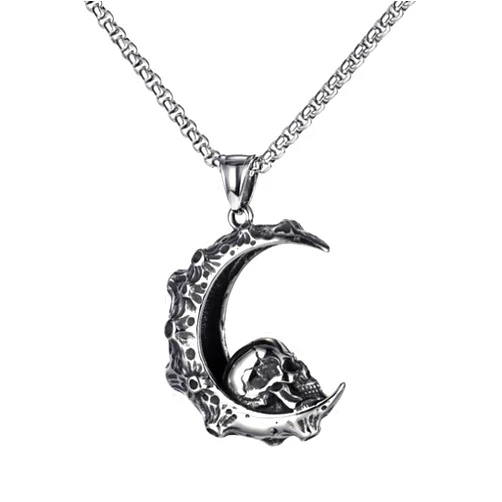 Welezhu Skull Necklace For Women Men Skeleton Necklace Gothic Jewelry Halloween Necklace Skull Jewelry For Women Gothic Retro Moon Crescent Skull Stainless Steel Punk Skull Pendant Necklace Chain