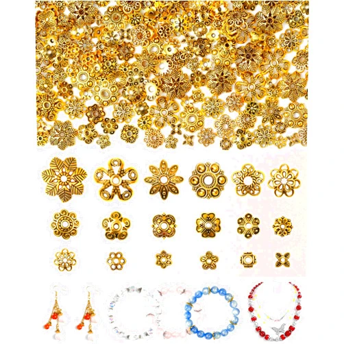 FIVEIZERO 240Pcs Gold Flower Bead Caps for Jewelry Making, 18 Styles Filigree Spacer Caps, Multi-Petal Design, 6mm–16mm for Earrings, Bracelets & Necklaces