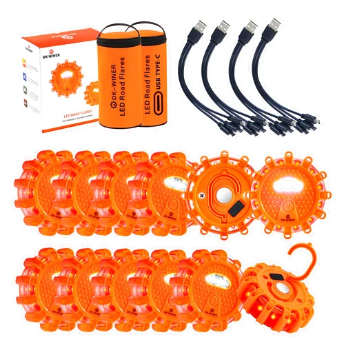 DK-WINER LED Road Flares 6Pack Roadside Emergency car kit Emergency Road Flares Kit with Magnetic Base for Vehicles & Boat | 9 Flash Modes(with Batteries) (12pack rechargeable)