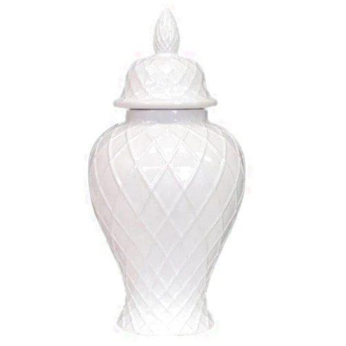 ZHOUXIAO Ceramic White Ginger Jar with Lid Diamond Pattern, Beautiful Decorative Porcelain Jars Temple Jar with Lids, Flower Vases Decor for Living Room Bedroom Shelf Bookshe B