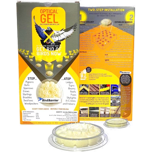 Bird Barrier Optical Gel (24 Pack) · Get rid of Birds: Pigeons, woodpeckers, Gulls, Crows, starlings, mud Swallows on ledges, Signs, Balconies, soffits, Beams, skylights, Signs, Roofs, HVAC, etc.