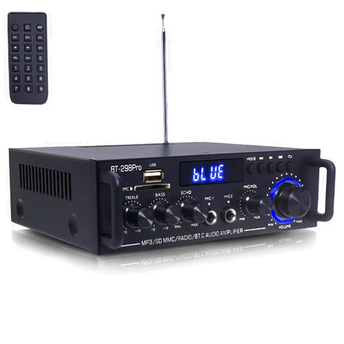WOOPKER BT-298Pro Stereo Audio Amplifier with Bluetooth 5.0, Max 400W Peak -2.0 Channel Stereo Receiver for Karaoke & Home Theater Speakers,Home Amp W/USB, SD, RCA,Echo MIC in, Remote Control