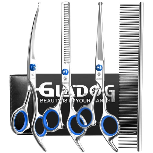 GLADOG Professional 5 in 1 Dog Grooming Scissors Set with Safety Round Tips, Sharp and Heavy-duty Pet Grooming Shears for Cats