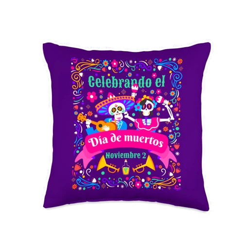 Sugar Skull Día de Los Muertos Art by NLTS Celebrando El Día De Muertos Sugar Skulls Partying Throw Pillow, 16x16, Multicolor