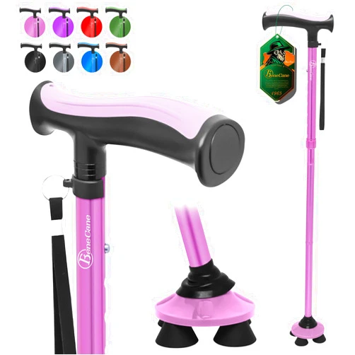 BeneCane Walking Cane for Men & Women Walking Stick for Seniors Folding Canes Quad Cane Adjustable Lightweight Sturdy Free Standing Collapsible Heavy Duty with Soft TPR T-Handle and Travel Bag