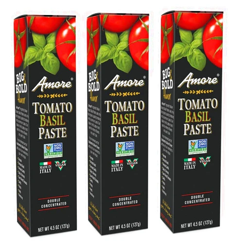 Amore Vegan Basil Tomato Paste In A Tube (4.5oz) - Non GMO Certified and Made In Italy (3 pack)