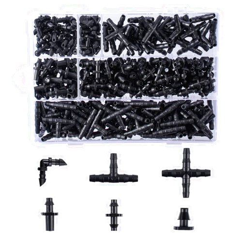 CESTAME 280 Pcs Barbed Connectors Irrigation Fittings Kit,Drip Irrigation Barbed Connectors 1/4''Tubing Fittings Kit for Flower Pot Garden Lawn(Straight Barbs,Single Barbs,Tees,Elbows,End Plug,4-Way Coupling)