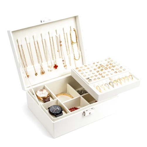 Lonian 2 Layer Jewelry Box, Double Layer Leather Jewelry Organizer Case Ideal Gift for Women Girls Wife, Earring Storage Organizer Box with Lock for Bracelets Rings Necklaces (White)