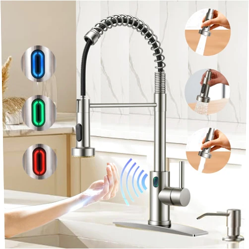 VIDEC Touch-Less Kitchen Faucet, 3 Modes Pull Down Sprayer, LED Temperature Control,Ceramic Valve, 360-Degree Rotation, 1 or 3 Hole Deck Plate. 10-Year Warranty. (KW-79SN, Brushed Nickel)
