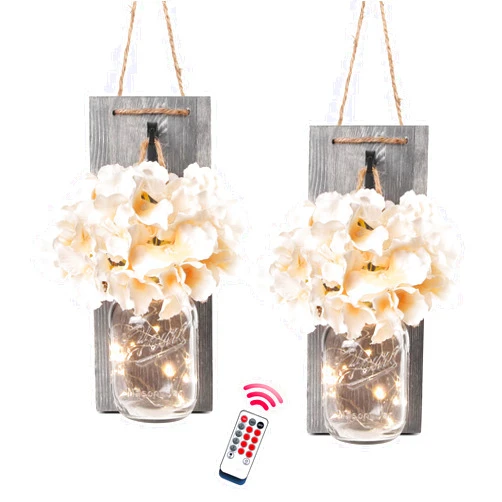 Besuerte Rustic Wooden Wall Hanging Decor with LED String Lights for Modern Living Room and Bedroom, Inspirational Country Style Vintage Wall Decoration Art, 6 Hour Timer Set of 2 Grey