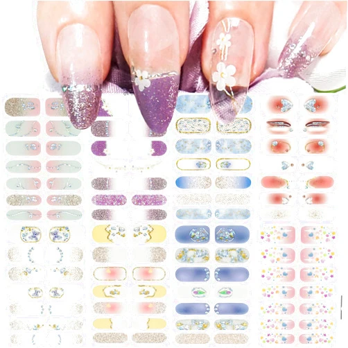 DZPGUONIZ 8 Sheets Glitter Nail Wraps Nail Polish Strips Colorful Nail Polish Stickers Shine Full Wrap Nail Polish Decals Self Adhesive Star Flower Nail Art Stickers for Women Girls Acrylic Manicure Tips Decor