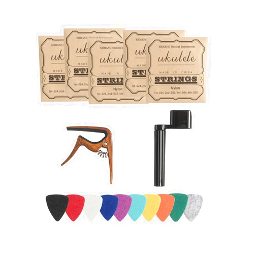Donux Nylon Ukulele Strings Kit,Include 5 Sets Strings,10 Pieces Ukelele felt picks,Capo and String Winder for Soprano Concert and Tenor Ukele