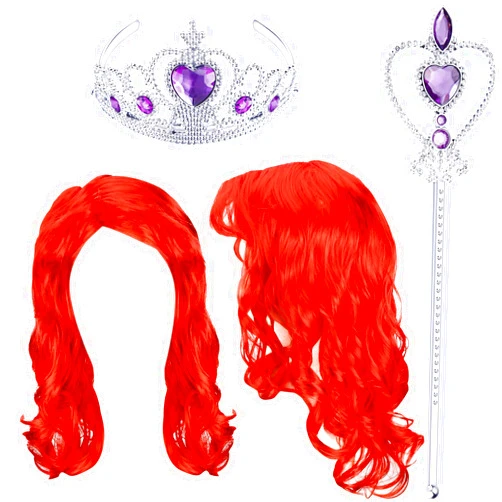 WILLBOND Halloween Mermaid Costume Wig Long Wavy Red Cosplay Hair Wig with Princess Tiara, Wand Cosplay Accessories for Halloween Party, over 8 years old