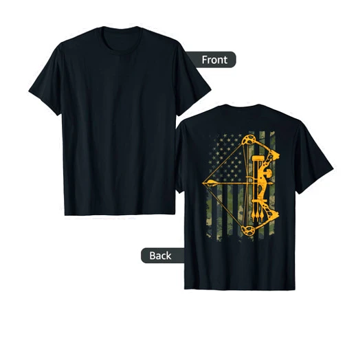 Bow Deer Hunting American Archery Apparel Camo USA Flag Funny Archery Compound Bow Hunter - ON BACK T-Shirt