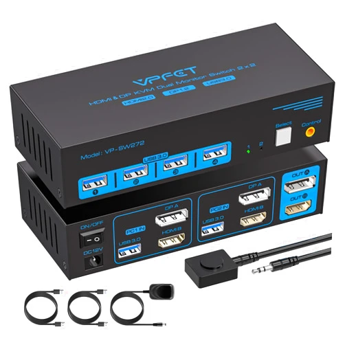 AILVLVNG HDMI Displayport KVM Switch 2 Monitors 2 Computers 4K@60Hz DP KVM Switcher Dual Monitor for 2 Computers Share 2 Screens and 4 USB 3.0 Ports Support Extended/Copy Mode with Desktop Controller