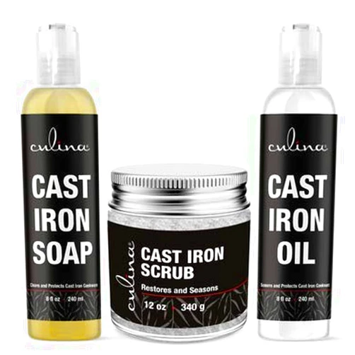 Culina Supreme Cast Iron Care Set: Restoring Scrub, Cleaning Soap & Conditioning Oil | Best for Cleaning Care, Washing & Restoring | 100% Plant-Based | for Cast Iron Cookware, Skillets, Pans & Grills!