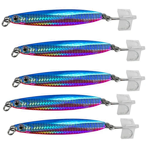 Fish WOW! 5pcs 5.25oz Colt Sniper jigs 150g coltsniper jig with a 3561D-DT MUSTAD 3X Strong Forge High Carbon Steel Treble Hook - Pink Blue Silver
