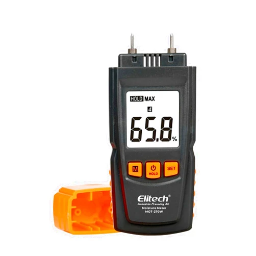 Elitech Digital Moisture Meter Water Leak Detector with Pin Probes, Moisture Tester for Wood Floors Walls with 4 Wood & Material Modes, Hold Function, Max/Min Reading MOT-270W