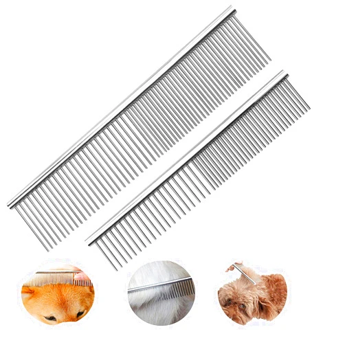GTERW Pets Grooming Butter Combs Dogs Metal Double Sided Comb Steel Wide and Fine Tooth Combs Shedding Brushes Professional Cats Rabbits Combs Removing Matted Hair 2 PCS