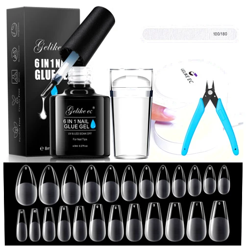 Gelike EC Soft Gel Nail Tip and Glue Gel Kit, Gel x Nail Kit with Almond and Coffin Shape, Ultra-Portable LED Nail Lamp, French Tip Nail Stamp DIY Nail Art Tools Gel Nail Extension Kit