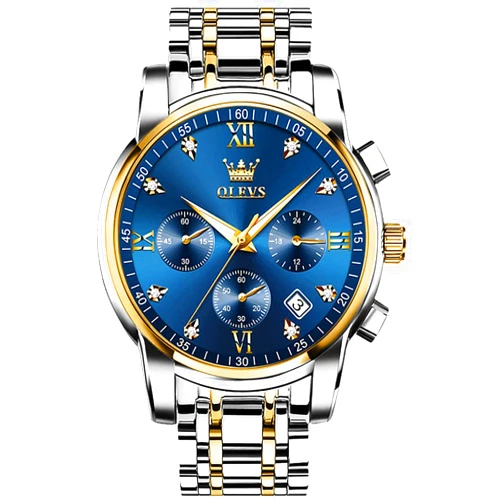 OLEVS Men's Stainless Steel Chronograph Watch, Big Face Gold Silver Black Tone Easy to Read Analog Quartz Watch, Luxury Waterproof Date Diamond Roman Arabic Numerals Dial Dress Watch for Men