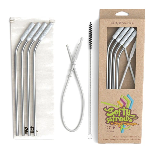 Softy Straws Premium Reusable Stainless Steel Drinking Straws With Silicone Tips + Patented Straw Cleaners and Carrying Case - 9” Long Metal With Curved Bend for 20/30/32oz Tumblers