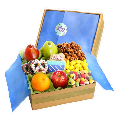 GreatFoods Happy Birthday Fresh Fruit & Sweets Gift Box with Birthday Cookie, Pretzels, Popcorn and More, Fruit Basket, Gift for Corporate Gifting, Snack Gift Basket, Gourmet Food Gifts
