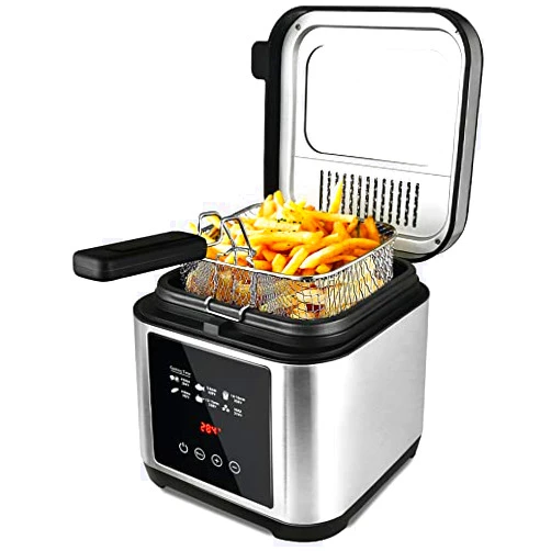 CUSIMAX Deep Fryer with Basket for Home Use,1200W Electric Fryer with LED Display Temperature Control,Removable Lid and 2.6QT Non-Stick Inner Pot,Stainless Steel,Silver