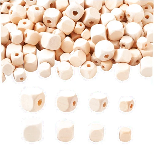 Craftdady 400pcs Natural Unfinished Cube Wood Beads Large Hole Blank Unpainted Square Wooden Loose Beads 10-16mm for Necklace Bracelet DIY Jewelry Making