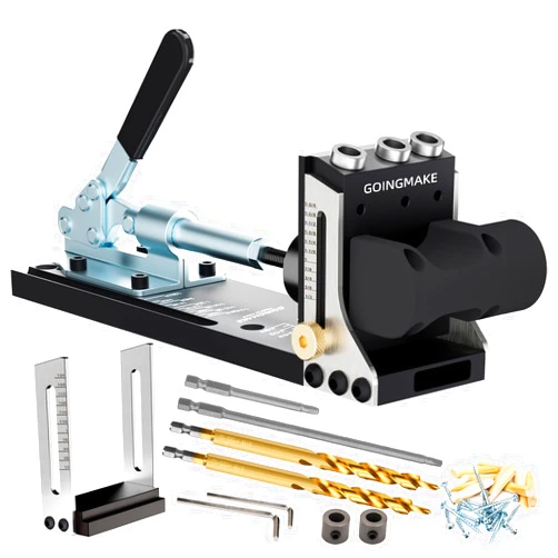 Goingmake All Metal Pocket Hole Jig Kit with Quick Clamp and Dust Collection Easy Use 3 Holes Pocket Hole Screw Jig System 3/8 Inch Accurate Adjustable Drill Guide with Accessories Woodworking Tool