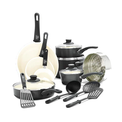 GreenLife Soft Grip Healthy Ceramic Nonstick 16 Piece Kitchen Cookware Pots and Frying Sauce Saute Pans Set, PFAS-Free with Kitchen Utensils and Lid, Dishwasher Safe, Black and Cream