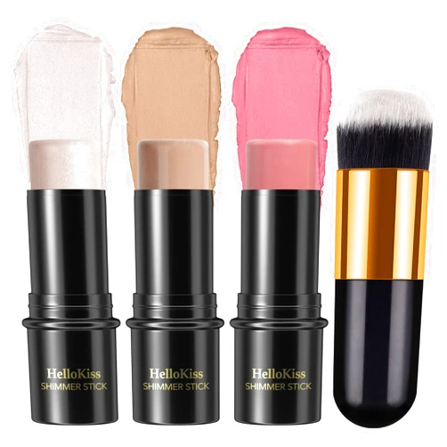 Lezero 3 Pcs Face Contour Stick Kit, Matte Finish Face Stick Trio with Bronzer Blush Highlighter and Brush, Long Lasting Waterproof Cream Beauty Wand Makeup Set for Sculpt Glowing Face Look (#1, 8, 13)