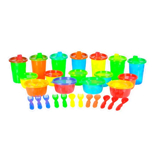 The First Years Take and Toss Toddler Feeding Set — Includes Dishwasher Safe Toddler Bowls, Toddler Snack Cups, Toddler Forks and Spoons, and Toddler Sippy Cups with Snap-On Lids — 28 Count