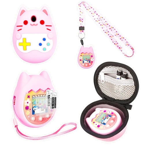 Meetikar Carrying Case and Silicone Cover Compatible with Tamagotchi Pix Virtual Pet Game Machine, (5-in-1) Silicone Cover for Tamagotchi Pix, with Finger Lanyard and Screen Protector (Pink)