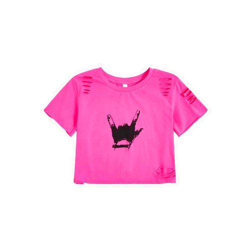 SweatyRocks Women's Short Sleeve T Shirt Graphic Print Distressed Crop Top