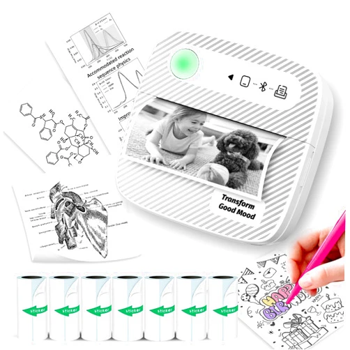 Suave Sticker Printer with 7 Rolls Sticker Paper,Bluetooth Thermal Printer Compatible with iOS & Android, Mini Pocket Printer Portable and Inkless,Study Printer for Flashcards, DIY, Notes