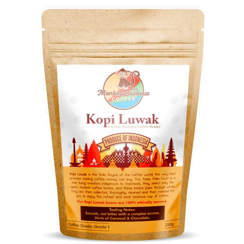 Monkey Business Coffee - Wild Kopi Luwak Coffee Ground Beans - Ethically Sourced - 250 Grams (8.8oz) (Other Weights & Bean Types Available) - Produce of Indonesia… Ground 8.81 Ounce (Pack of 1)