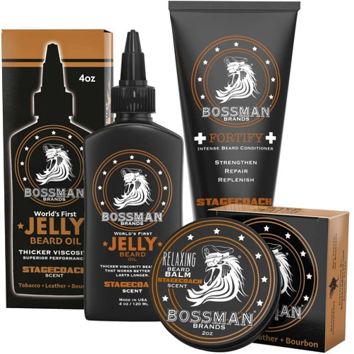 Bossman Essentials Beard Kit for Men – Beard Oil Jelly, Fortifying Conditioner Cream & Beard Balm – Grooming Care Accessories (Stachecoach Scent)