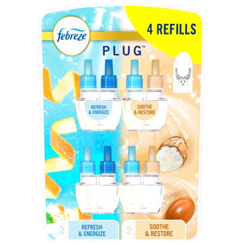 Febreze Odor-Fighting Fade Defy PLUG Air Freshener, Refresh and Energize, Soothe and Restore, Pack of 4 (2 of Each), .79 fl. oz. Oil Refill