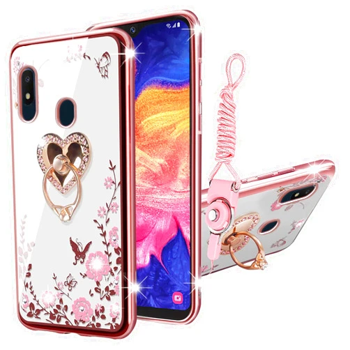 KuDiNi for Samsung Galaxy A10e Case, Samsung A10e Case for Women Glitter Crystal Soft TPU Bling Cute Butterfly Heart Floral Clear Protective Cover with Ring Kickstand+Strap for Galaxy A10e (Rose Gold)