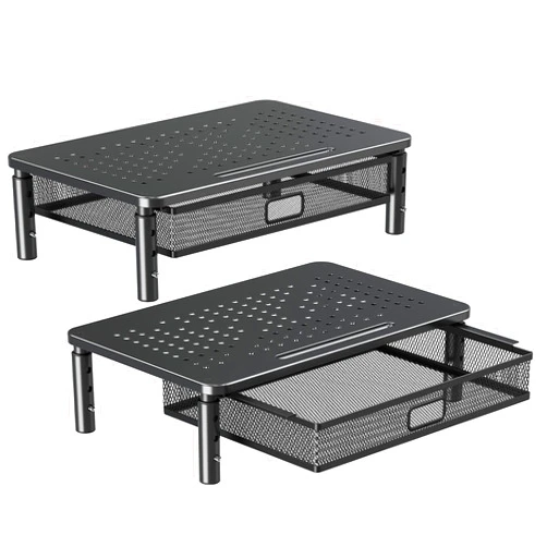 ELIVED 2 Pack Monitor Stand Riser with Drawer, 3 Height Adjustable with Larger Storage Space for Home and Office Supplies, Metal Desktop Stand for Laptop Computer Printer PC iMac