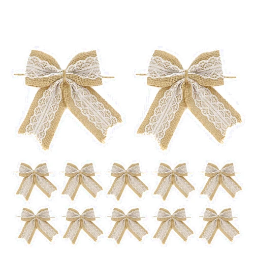 AIMUDI Natural Burlap Lace Bows 4 Inch Rustic Burlap Bows for Christmas Tree Decorations Vintage White Lace Wedding Bows Jute Wreath Bows Gift Bows for Crafts Baby Shower Diaper Cake - 12 Counts