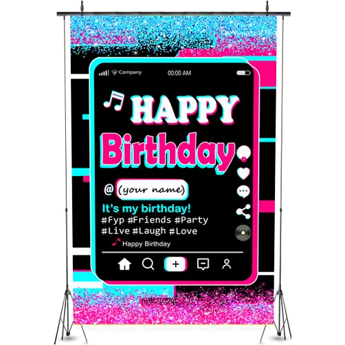 Ssailue decor Happy Birthday Party Backdrop,Tic tok Birthday Decoration,Twinkle Pink Blue Backdrop,Musical Theme Party Supplies,Bling Pink Backdrop,Colorful Backdrop,Tic TOC Happy Birthday Banner with A Pen